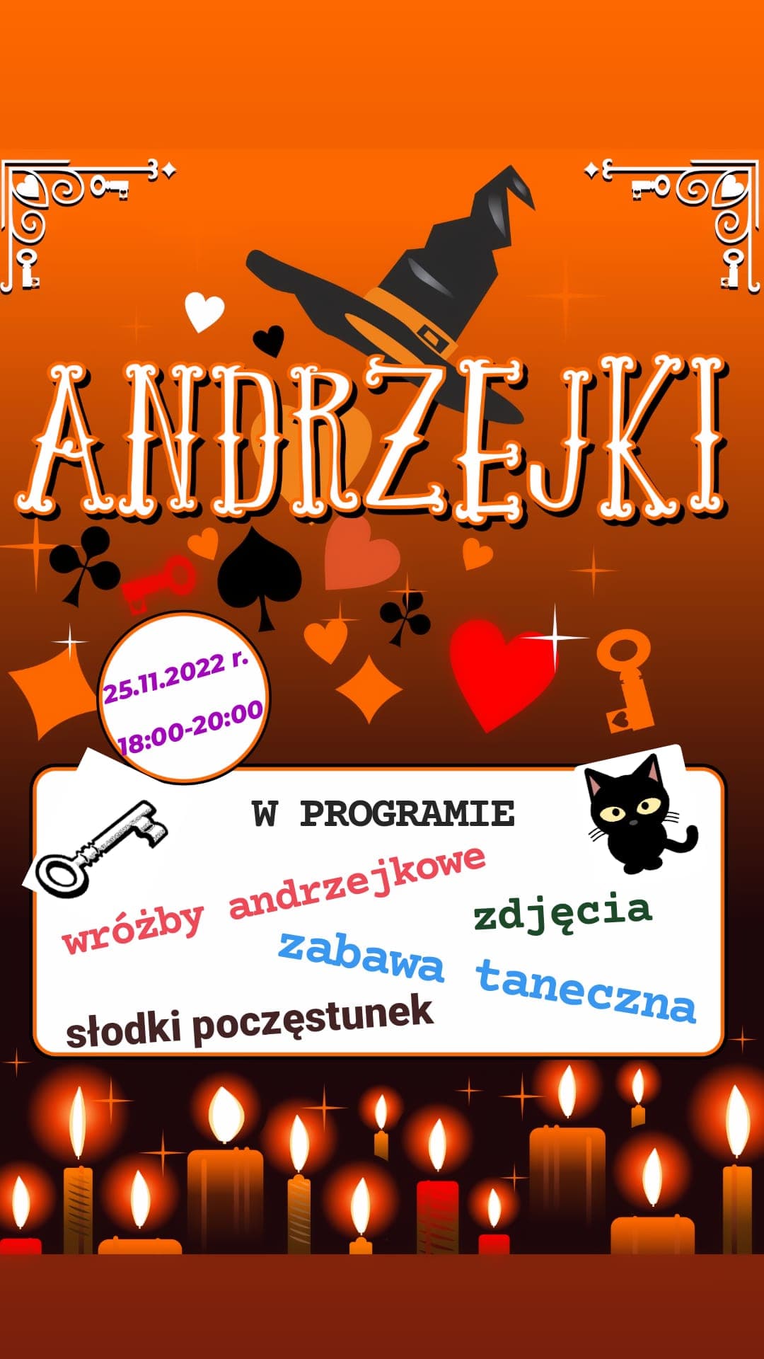 Plakat zapraszający na zabawę andrzejkową.